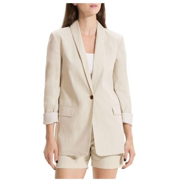 Theory Jackets & Blazers - EUC Theory Linen Rolled-Sleeve Shawl Collar Blazer Size 2 Beige Women's